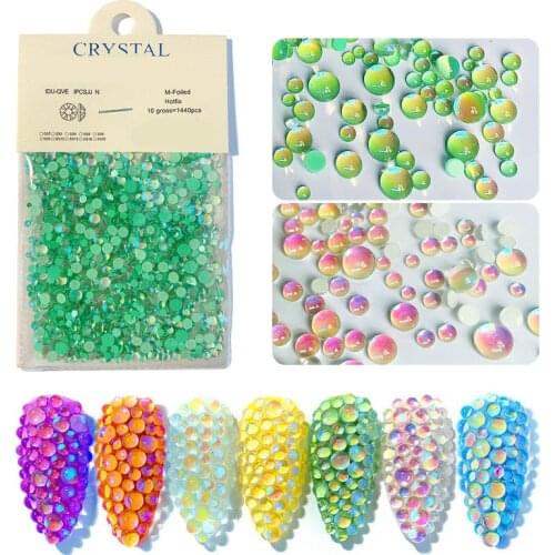 1440Pcs Flatback Beads Aurora Rhinestone for Nails Mix Size Mermaid Symphony Iridescent Gems Pearl Stones Nail Art Decorations