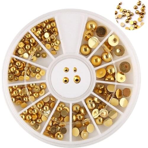 3D Metallic Nail Art Charms Beads Semi-circle Gold & Silver Colors 2-4mm mixed Pearl Fashion Tips Jewelry Stud