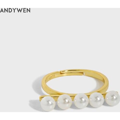 ANDYWEN 925 Sterling Silver Gold Pearl Line Resizable Rings Adjustable Luxury Women Wedding Jewelry Round Fine Jewelry For Women