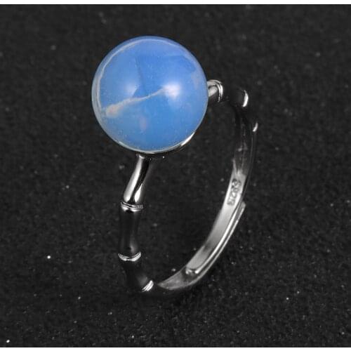 BOHO Round Natural Stone Opal Crystal Bead Rings For Women Quality Silver Plated Bamboo Adjustable Ring Female Wedding Jewelry