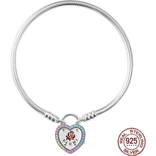 2019 NEW Valentines Day 100% 925 Sterling Silver Bracelet Design Heart shaped Rainbow stone Fit DIY Charm Bead Gift 8043