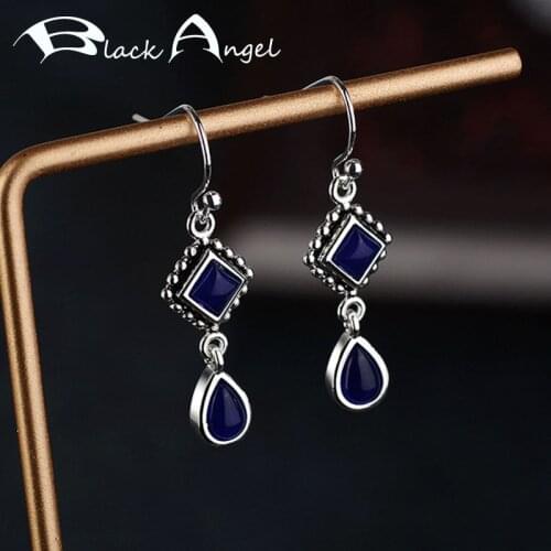 BLACK ANGEL Square Lapis Lazuli Gemstone 925 Silver Water Drop Pear Shaped Hook Earrings Fashion Jewelry Christmas Gift