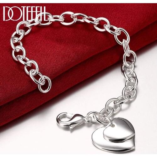 DOTEFFIL 925 Sterling Silver Double Heart Pendant Bracelet For Woman Charm Wedding Engagement Fashion Party Jewelry