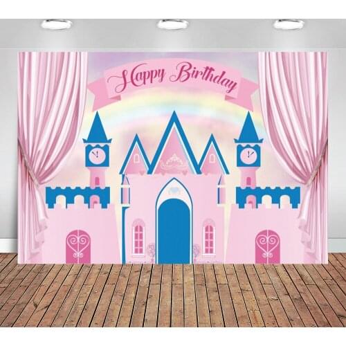Backdrop Photography Princess Blue Castle Pink Curtain Happy Birthday Childrens Photographic Backgrounds Photocall Photo Prop