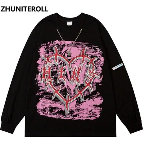 Harajuku Long Sleeve Tees Shirts Heart Graphics Print Streetwear Hip Hop Loose Summer Chain Tshirts Men Fashion Tops Clothing