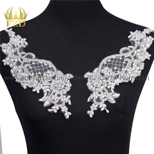FZD 1 Pair Crystal Beaded Rhinestones Embroidery Patches White Pearl Beads Trimming for Wedding Dresses Bridal Bridesmaid Decor
