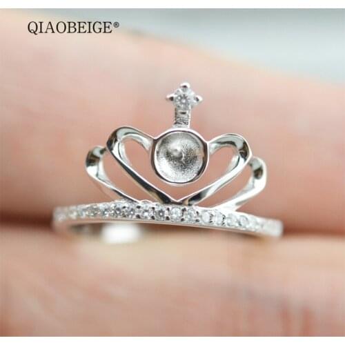 QIAOBEIGE Hot saling 925 Silver Crown Shape Ring Mounting with Zircon Stone,Can Fit 7-8mm Bead Ring Fitting Accessory diy women