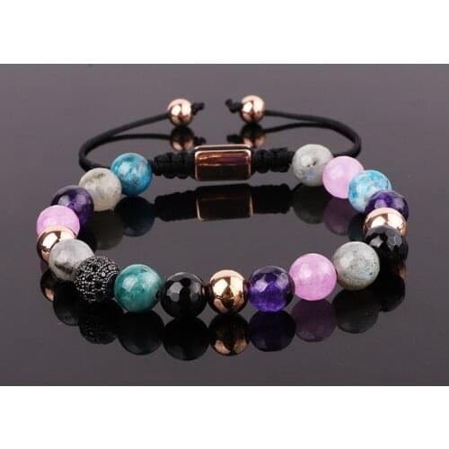 Jaravvi New Color 8mm Natural Stone Cubic Zirconia Ball Braided Friendship Adjustable Bracelet For Women