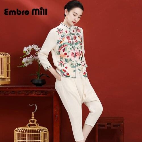 Chinese Style Jacquard Two-Piece Female Spring Fine Embroidered Retro Buckle Top + Loose Harem Pants Women S-XXL