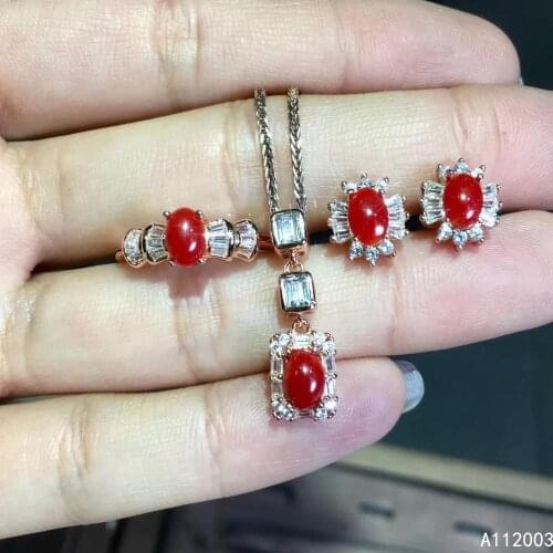 KJJEAXCMY Fine Jewelry 925 sterling silver inlaid natural red coral ring pendant earring set noble supports test