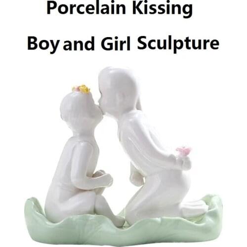 Children Best Gift Porcelain Kissing Boy and Girl Sculpture Ceramic Figures Home Desk Decoration Love Arts Statute Room Decor