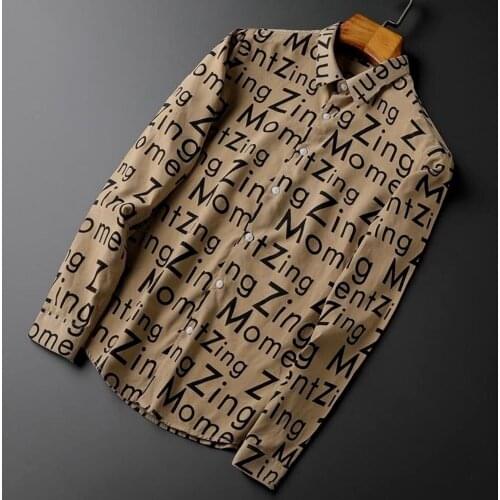 Mens Khaki Lapel Button Long-sleeved Shirt, Non-iron Korean Fashion Slim-fit Shirt, Printed Letters Casual Business Shirt