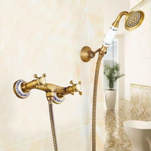 Antique Bronze Brass Shower Set Bathroom Wall Mounted Hand Held Shower Head Kit Bathtub Faucet Mixer Tap Handheld Shower Spray