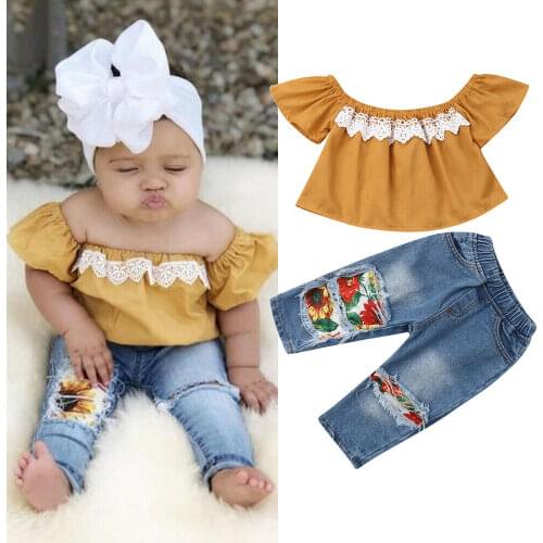 1-5Y Toddler Kids Baby Girls Clothes Sets Off Shoulder Tops Floral Pants Jeans Outfits Clothes