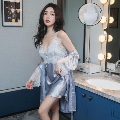 Sanderala Sexy Women Lace Sleepdress Robe & Gown Sets V Neck Women Elegant Gown Bathrobe Home Pajamas Satin Robe Sexy Bathrobe