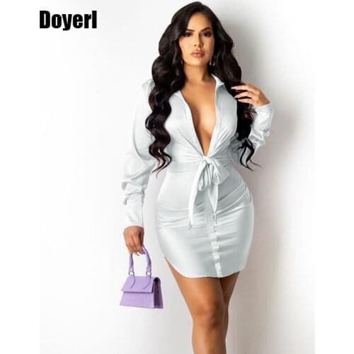 Long Sleeve White Shirt Dress Women Tie Up Front Belt Turn Down Collar Ruched Satin Shirt Dress Mini Sexy Club Party Dress Short