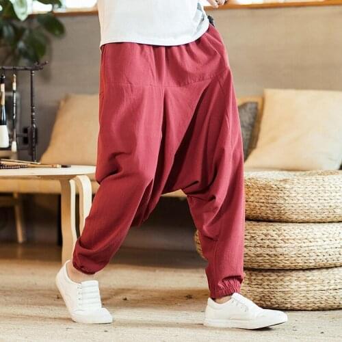 Men Sweatpants Cotton Linen Nepal Loose Harem Hippie Yoga Pants Bloomer Crotch Pant Casual Jogger Workout Atheltic Fitness Pant