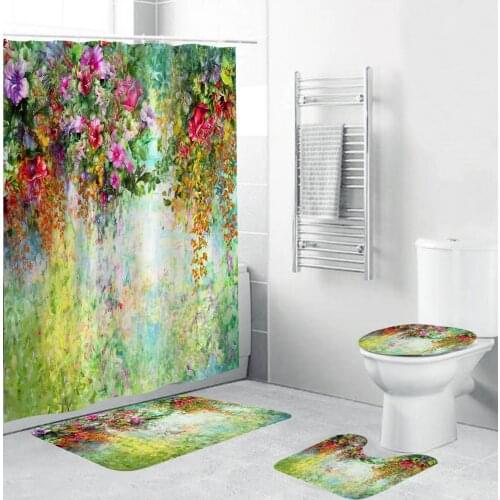 Beautiful Flowers Fabric Shower Curtains High Quality Bathroom Curtain Bath Mat Set Non-Slip Pedestal Rug Toilet Lid Cover Mats