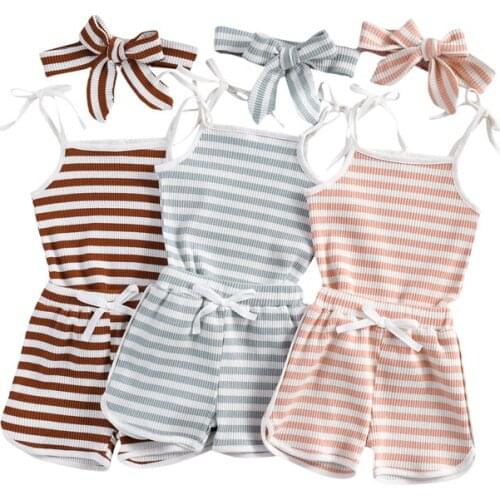 FOCUSNORM Summer Infant Kids Girls Clothes Sets 3 Colors Striped Print Sleeveless Belt Vest Tops Shorts Headband 1-4Y