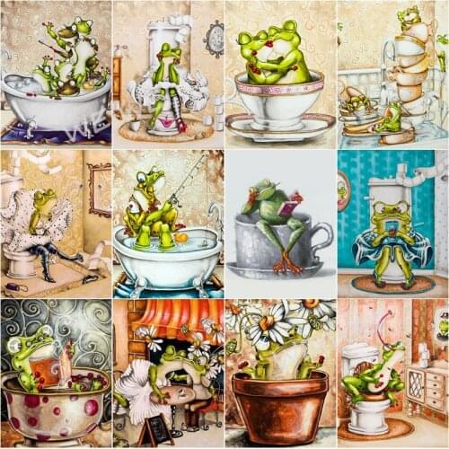 Diy Crystal Diamond Embroidery Frog Reading Sitting In The Toilet Bathtub Full Drill Diamond Painting Mosaic Pictures Home Decor