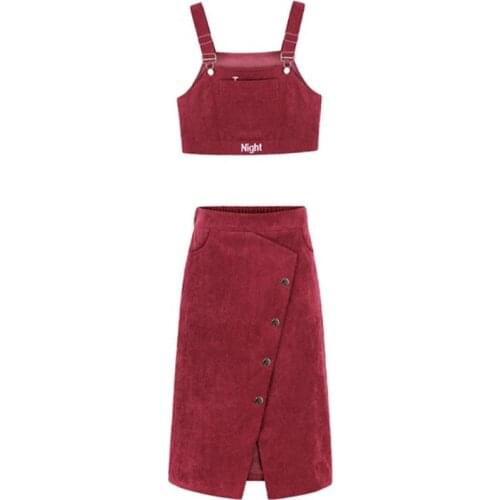 PERHAPS U Women Two Pieces Set Letter Embroidery Tank Wine Red Corduroy Midi Skirt Zipper Pocket Summer High Street Pocket T0144