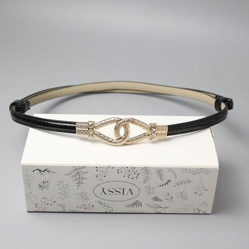 Womens Leather Skinny Belt for Dress Adjustable Thin Waist Belt Dress Belt with Vintage Gold Buckle