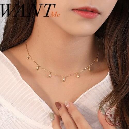 WANTME Genuine 925 Sterling Silver Minimalist Short Water Drop Chain Choker Necklace for Women Chic Celi Fashion Jewelry Gift