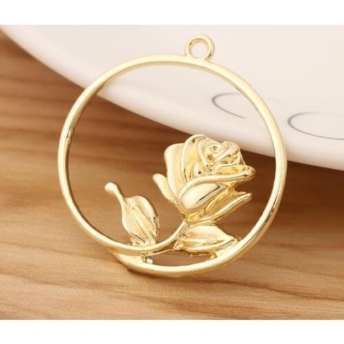 10 Pieces Gold Tone Open Rose Flower Round Charms Pendants for Earrings Jewellery Making Accessories 35mm