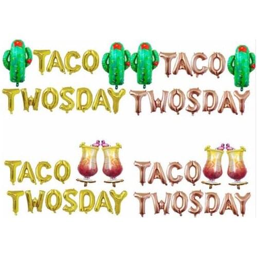 13pcs/lot Gold Silver Letter "TACO TWOSDAY" Cactus Goblet Aluminum Balloon Mexican Carnival Summer baby event Party Decoration
