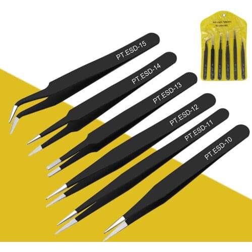 Anti-static Stainless Steel Tweezers Repair Tool Industrial Precision Curved Straight Tweezers Repair Tool 6 Pieces Per Set