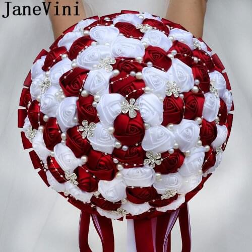 JaneVini 2021 Burgundy Flowers Big Wedding Bouquet Luxurious Crystal Beaded Pearls Bridal Hand Flower Bouquets Fleur Bordeaux