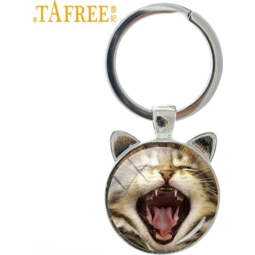 TAFREE Handmade Glass Dome Cat And Tiger Keychain Lovely Yawning Cat Scottish Fold Key Chain Ring Holder New Women Animal CN790