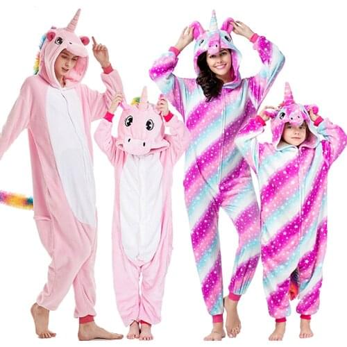 Flannel Winter Pajama Sets Pink Unicorn Pajamas Kigurumi Anime Costume Mom and Daughter Matching Clothes Christmas Jumpsuit