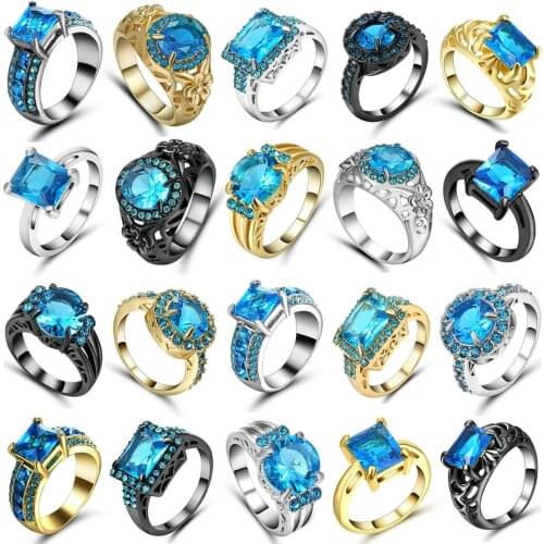 Trendy Women Wedding Jewelry Gift Latest CZ Cubic Zirconia Silver gold black Color Sea Blue Rings For Women Jewelry Gift Size 8