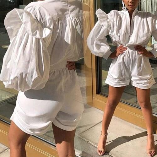 Women Patchwork Jumpsuit Fashion Long Sleeves Solid Color V Neck Short Pants Rompers Party