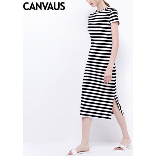 European station 2018 summer new fashion commuter A word slender stripe short sleeve medium length dress wholesale