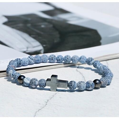 Charm Men 6MM Blue Weathered Bead Bracelet Women Ethnic Cross Hematite Balance Bracelets Women Yoga Jewelry Dropshipping