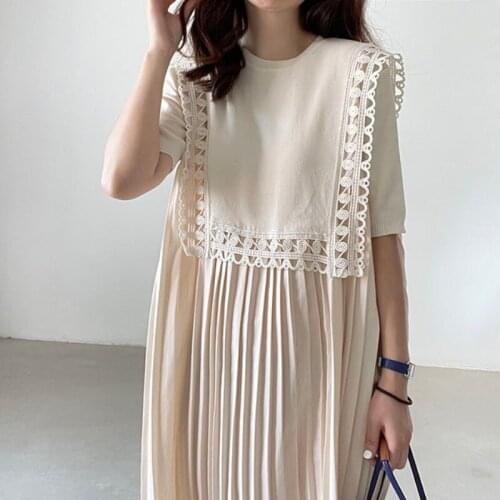 Korobov Korean Elegant O Neck Short Sleeve Dress Vintage Solid Hollow Out Pleasted Dresses Office Lady Sweet A-Line Dress