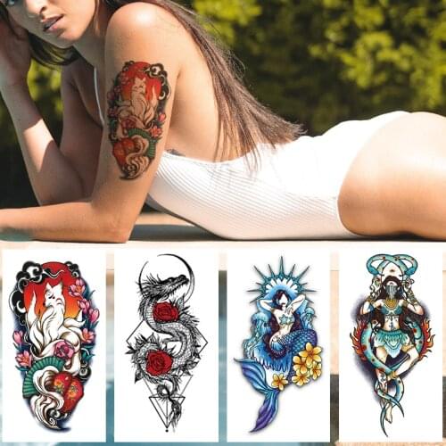 Tribal Wolf Moon Pine Tree Temporary Tattoo Sticker Fox Waterproof Tattoos Forest Body Art Arm Leg Shoulder Fake Tatoo Men Women