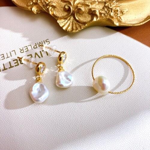 Gold Plated Color Baroque Pearl Earrings With Keshi Pearl Rings 2 Pieces Jewelry Sets