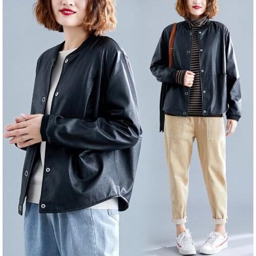 Simple Leather Womens Short Coat 2020 New Korean Loose Large Size Handsome PU Leather Jacket Spring mujer chaqueta cuero f2890