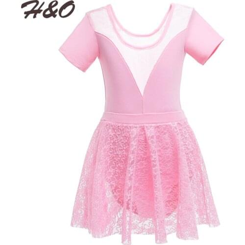 Girls Short Sleeve Cotton Tulle Tutu Ballet Dance Leotard Dress for Performance Dancewear Clothes with Chiffon Tied Lace Skirt
