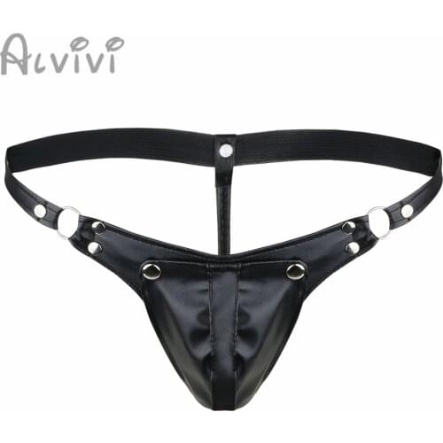 Alvivi Sexy Mens Faux Leather Jockstrap G-string Gay Underwear Latex Leather Buckled Bulge Pouch Briefs Bikini Leather Briefs