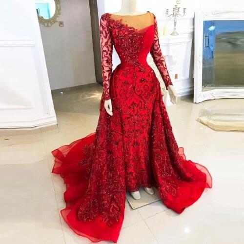 Dark Red Evening Dresses Mermaid Sheer Neck Long Sleeves Beads Appliques Plus Size Prom Dress African Dubai Formal Party Vestido