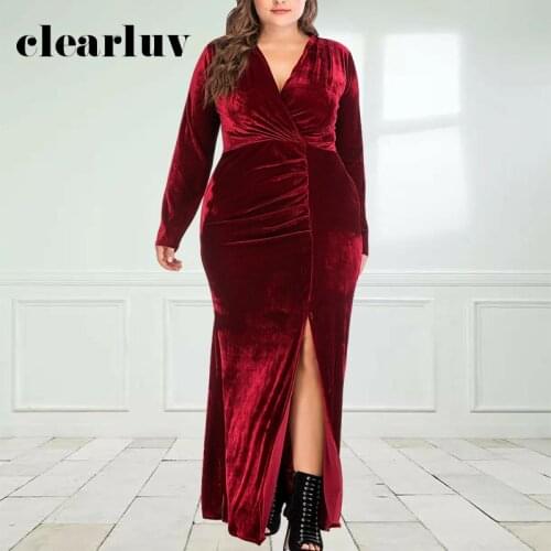 Velour Evening Dress New Burgundy Mermaid V-neck Full Sleeves Simple Plus size Customized Floor-length 2020 Formal Dresses T046