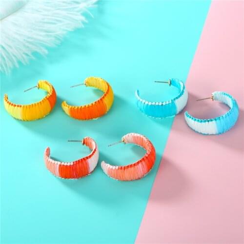 Dayoff Europe Colorful Large Lafite Hoop Earrings for Women Jewelry Fashion New Handmade Woven Big Bohemia Earrings E609