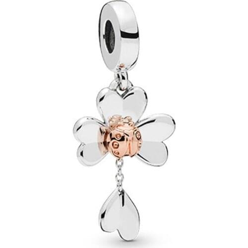 100% 925 Sterling Silver Charm Golden Clover And Ladybug Pendant Fit Pandora Women Bracelet & Necklace Diy Jewelry