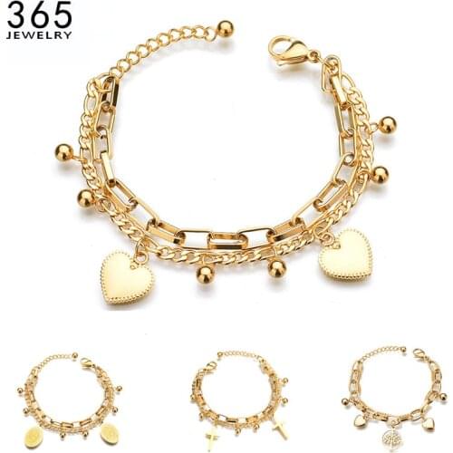 High Quality Stainless Steel Women Pendant Bracelet Trendy Round Pearl Multilayer Link Chain Charm Pulseras Birthday Gift