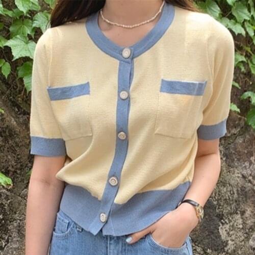 South Korea Chic Hit Color Round Neck Stitching Foam Short-Sleeved Sweater Women 2021 Summer Single-Breasted Wild Cardigan Top