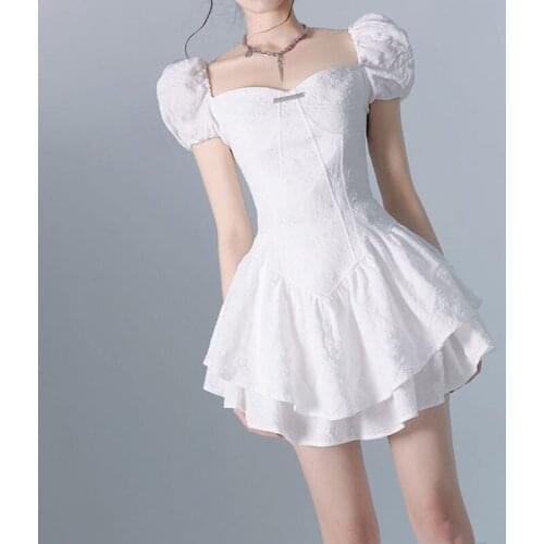 White Square Collar Puff Sleeve Short Mini Dress Elegant Princess Party Club Vintage Dresses Women Summer Lace Backless Vestidos